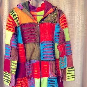 Colorful long lightweight hooded jacket. NWOT